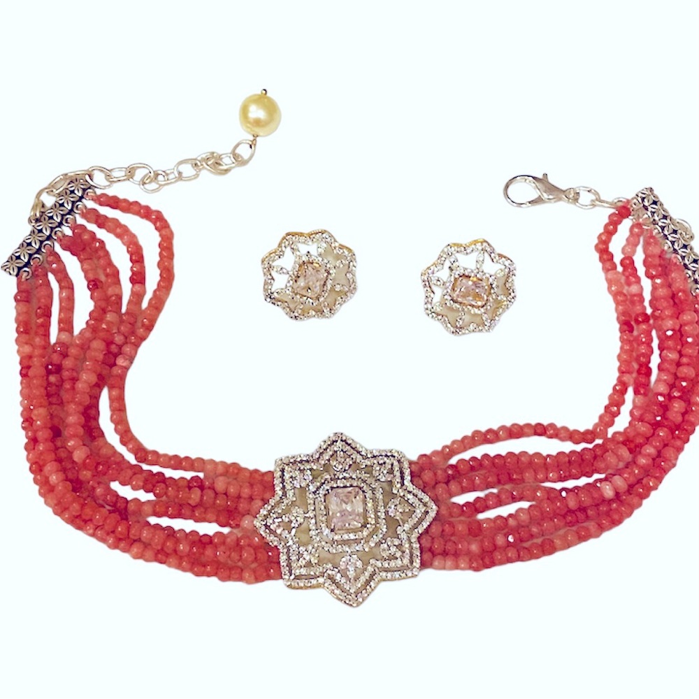 NWT Indian Statement Jewelry Choker and Earring Set Pink Silver Bling Beaded